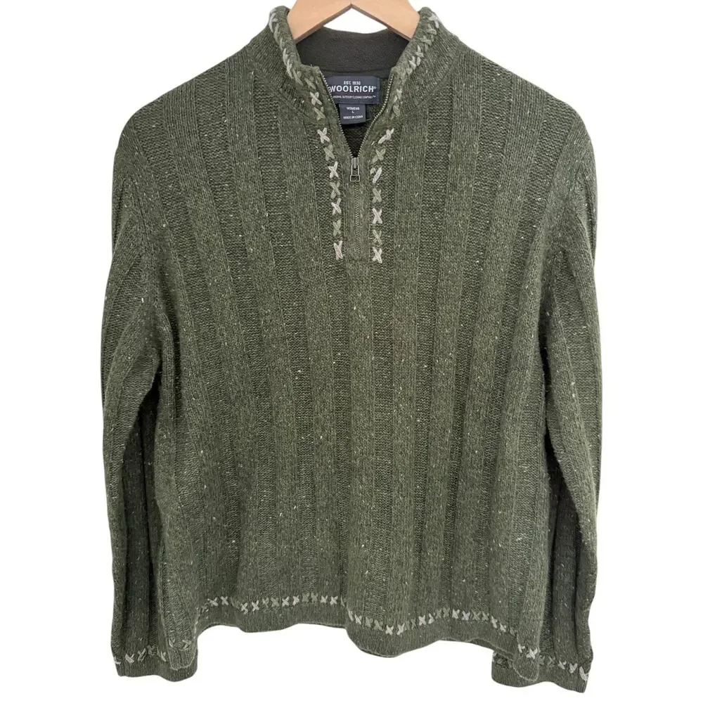 Woolrich Sweater Womens L Green Quarter Zip Knit Pullover